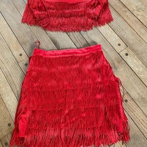 2 piece red fringed mini skirt and crop top